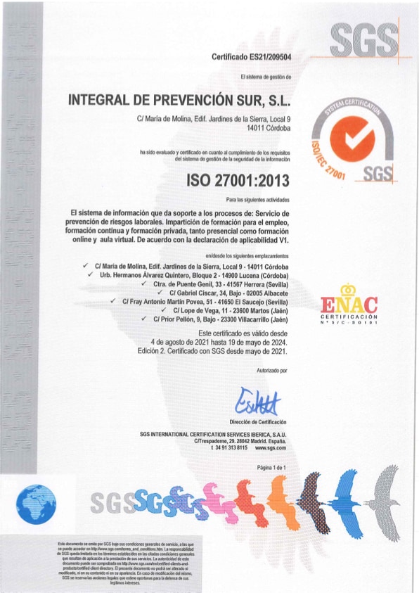 Certificación ISO 27001 - Integral de Prevención Sur
