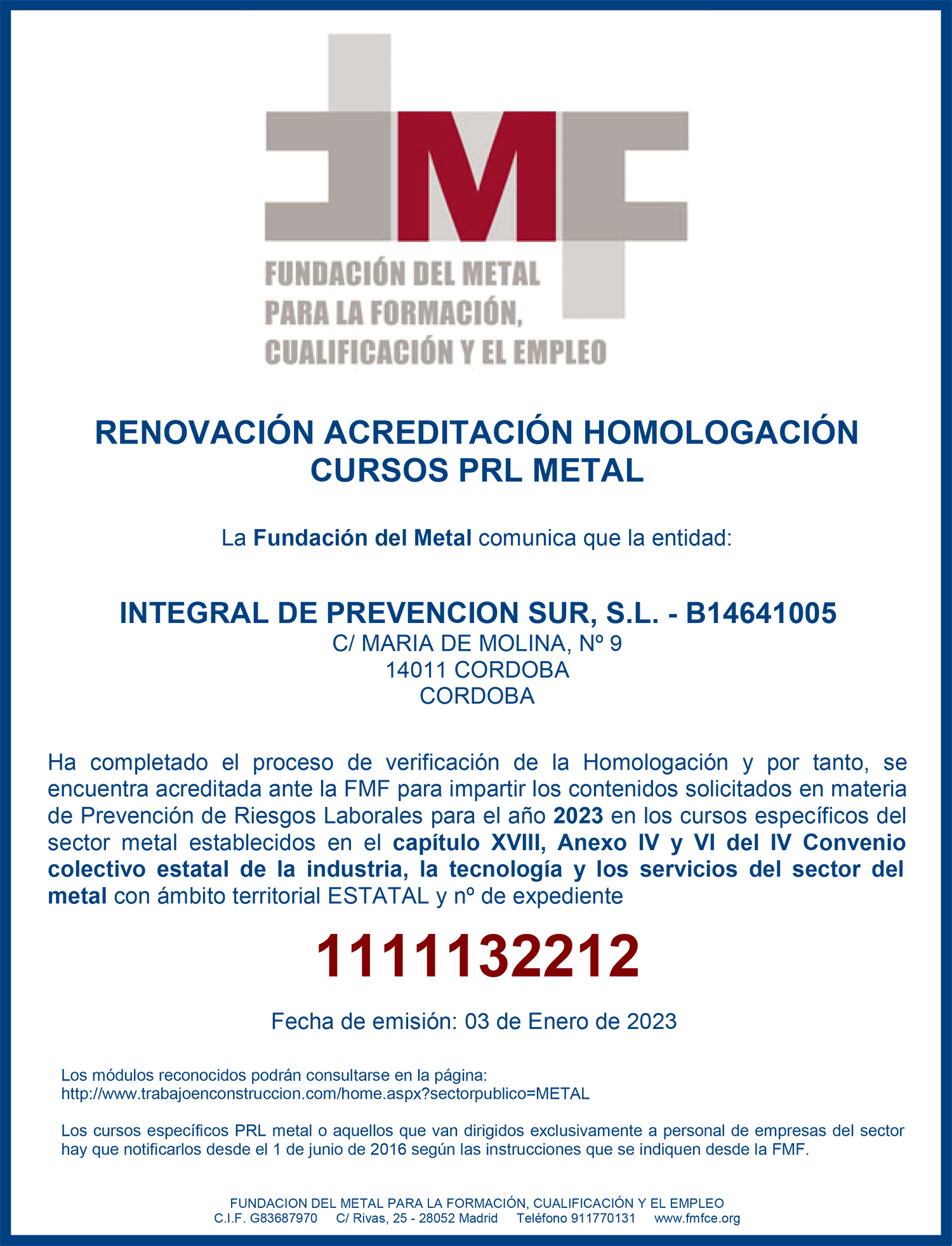 Renovación acreditación homologación Cursos PRL Metal | Integral de Prevención Sur